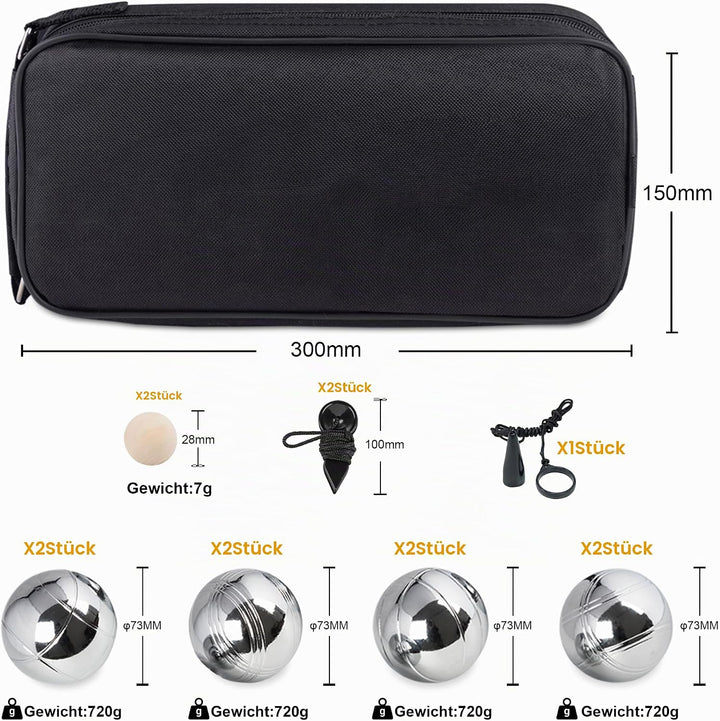 Generisch Boule Set Petanque 8 Metallkugeln Ø73mm, 2 Zielkugeln, 2 Entfernungsmesser, 1 Magnet, Bocc