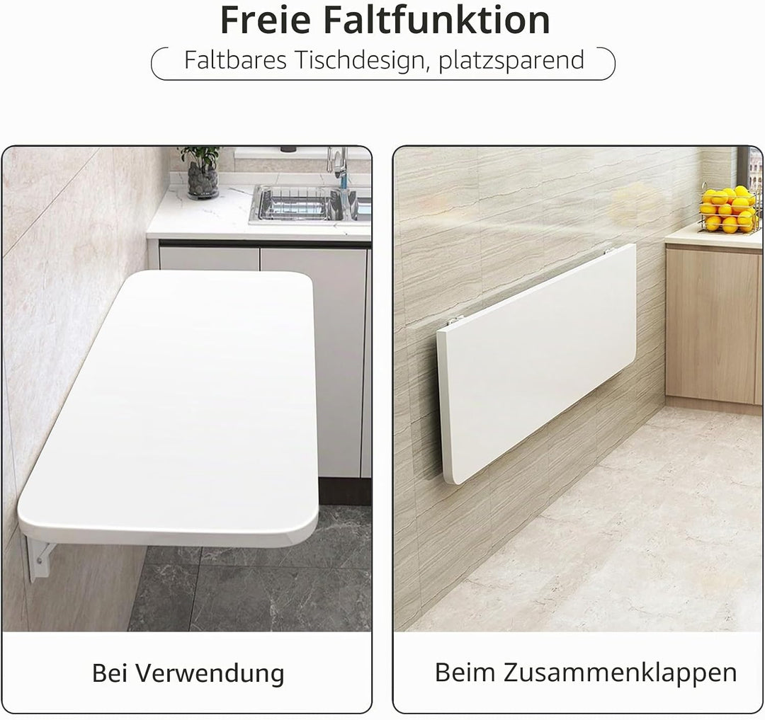 Wandklapptisch, 80x50cm, Weiss, Minimalistischer Schreibtisch für Küche und Büro, Klappbar, Maximale