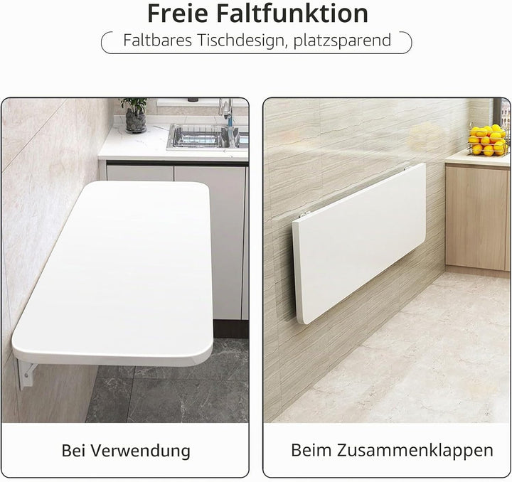 Wandklapptisch, 80x50cm, Weiss, Minimalistischer Schreibtisch für Küche und Büro, Klappbar, Maximale