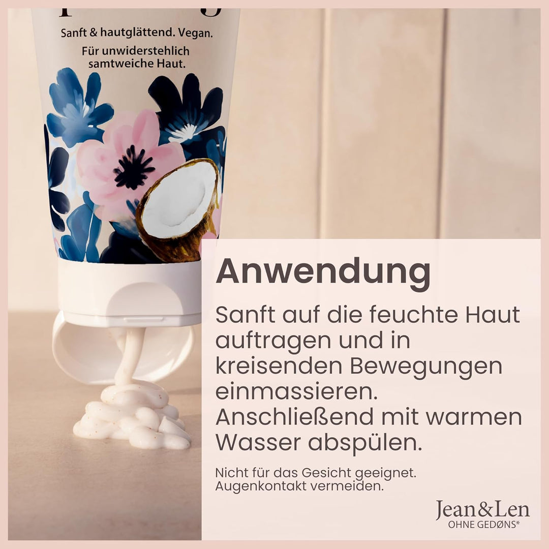 Jean & Len Duschpeeling Hafermilch & Kokos, mit Peeling-Partikel aus Kokosnussschalen, entfernt Haut