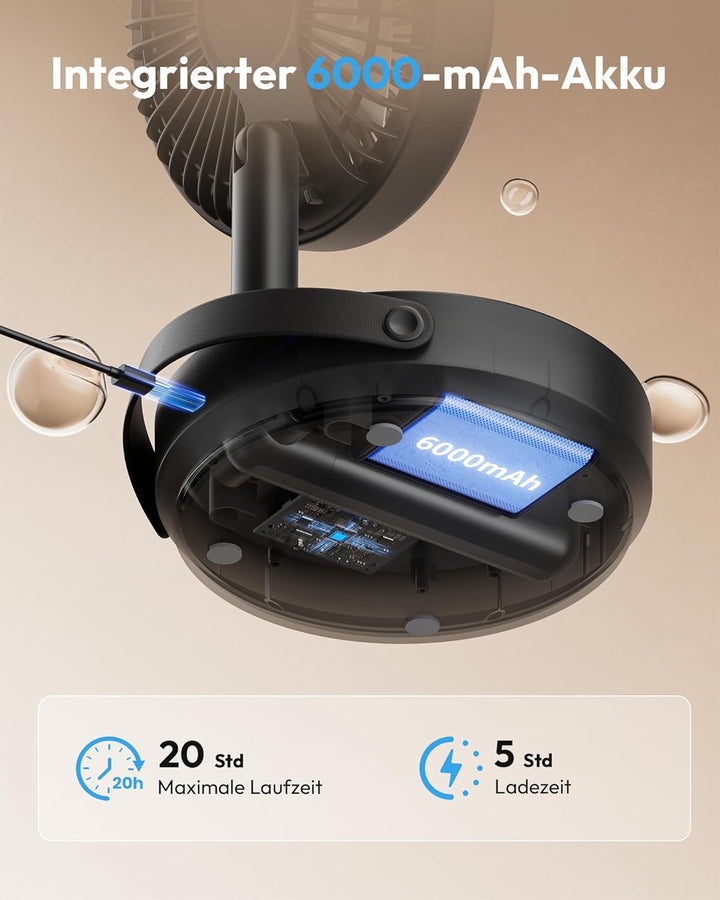 Gaiatop Faltbare Tischventilator Tragbarer Ventilator, 6000mAh Akku Ventilator mit Nachtlicht, 17CM