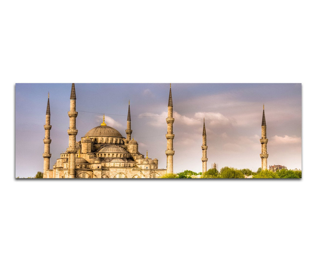 Paul Sinus Art Panoramabild auf Leinwand und Keilrahmen 150x50cm Blaue Moschee Bäume Wolkenhimmel