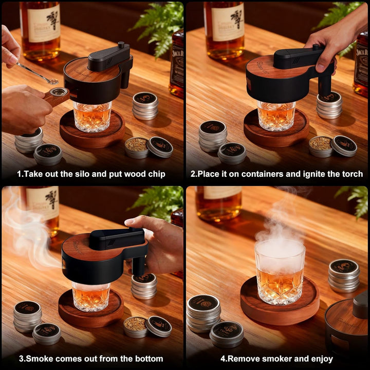 Whiskey-Smoker-Set mit integriertem Feuerzeug, 6 Sorten Holzspäne, 2 Gläser, 2 Eisballformen, Cockta