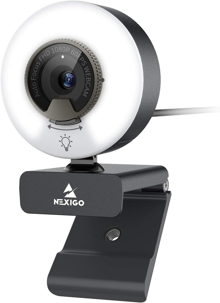NexiGo N960E 60FPS Autofokus 1080P Webcam mit 2 Stereo Mikrofon, Ringlicht und Abdeckung, USB Kamera