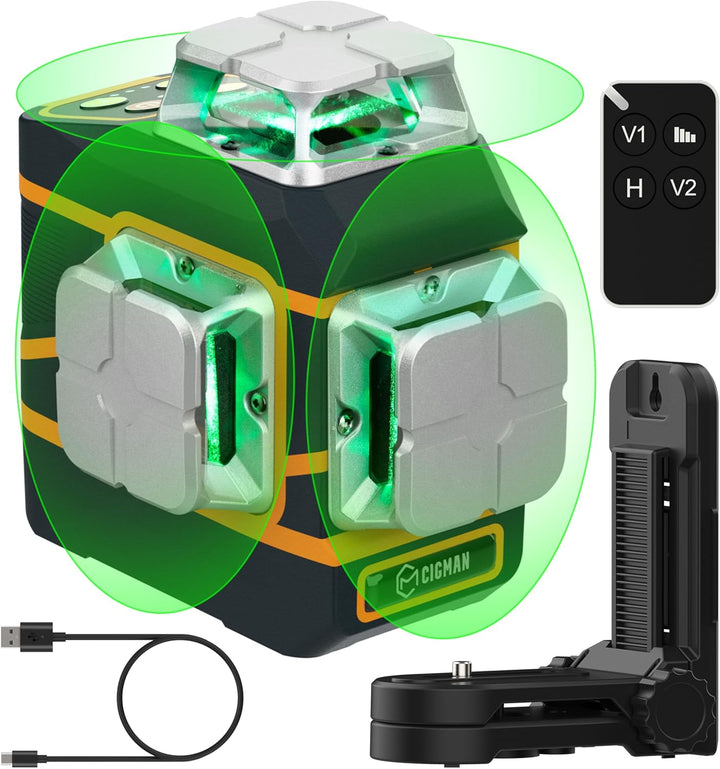 CIGMAN Kreuzlinienlaser 3 x 360 Grad grün Selbstnivellierend Laser Wasserwaage, 2 x abnehmbare wiede
