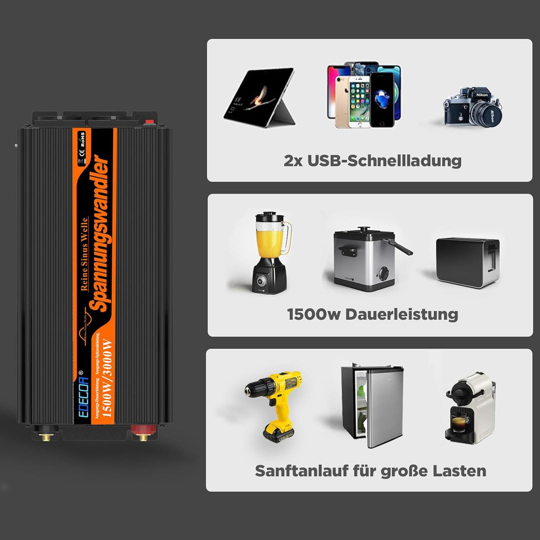 EDECOA Spannungswandler 24v 230v Wechselrichter Reiner Sinus 1500w 24v 220v Konverter 24v auf 230v m