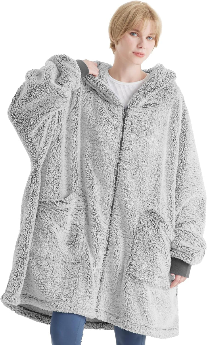 BEDSURE Hoodie Decke mit Ärmeln - Sherpa Deckenpullover mit Reissverschluss und Kapuze Grau, Tragbar