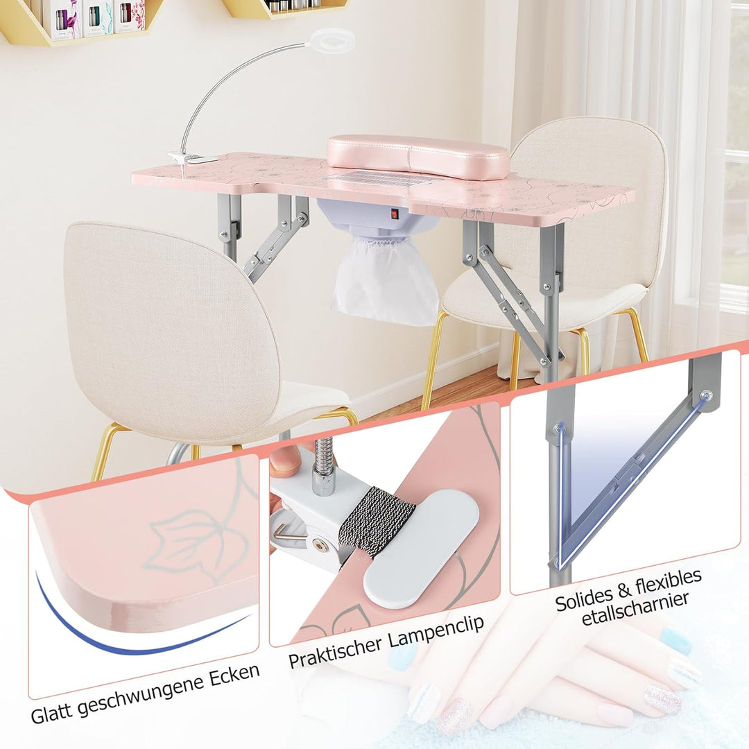 COSTWAY Maniküretisch klappbar, Nageltisch mit elektrischem Staubsammler, LED-Lampe, Handgelenkaufla