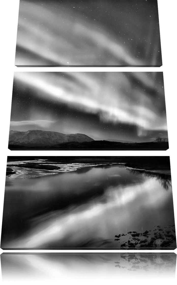 Pixxprint Monocrome, Polarlichter in Skandinavien 3-Teiler Leinwandbild 120x80 Bild auf Leinwand