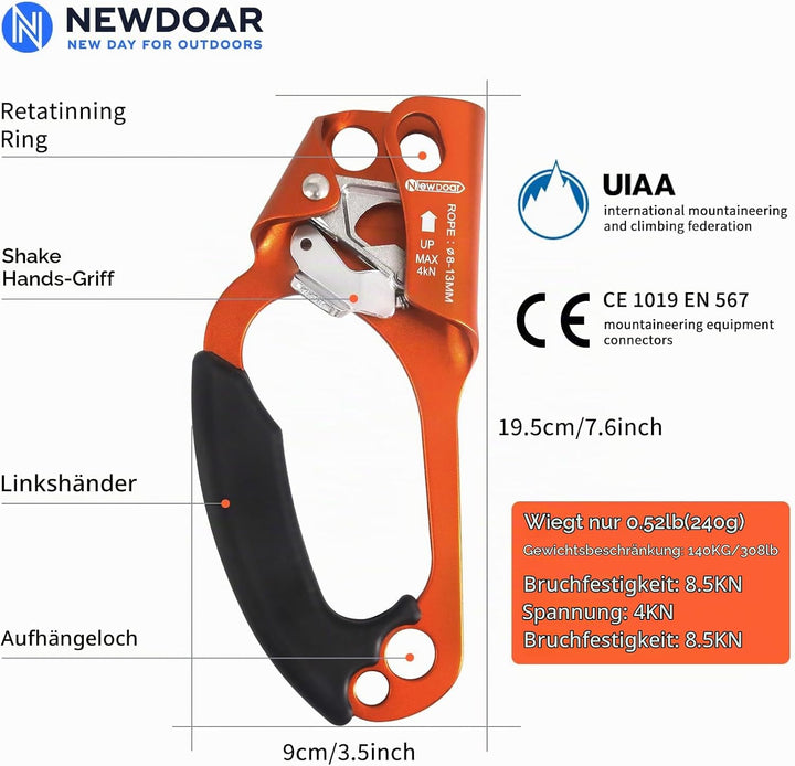 NewDoar UIAA &amp; CE-zertifizierte Handsteigklemme Seilklemme Ascension Kletterbaum Baumpfleger Abseile