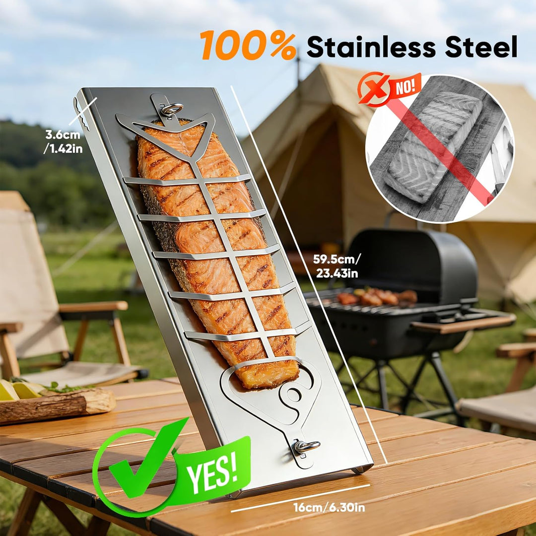 Flammlachsbrett Edelstahl 2er Set für Feuerschale & Kugelgrill – 56cm Langes Flammlachsbretter mit 1