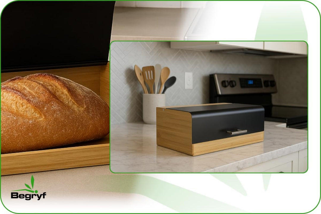 Brotkasten 36 cm, Bambus-Brotbox mit schwarzem Metall-Klappdeckel und Edelstahlgriff, kompakter Brot