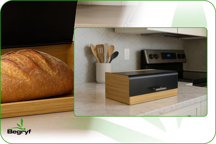 Brotkasten 36 cm, Bambus-Brotbox mit schwarzem Metall-Klappdeckel und Edelstahlgriff, kompakter Brot