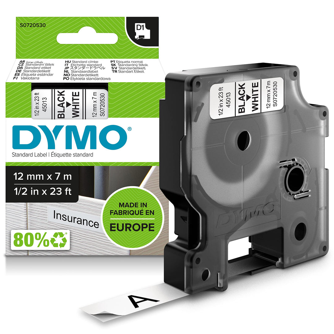 DYMO Original D1-Etikettenband | schwarz auf weiss | 12 mm x 7 m | selbstklebendes Schriftband| für