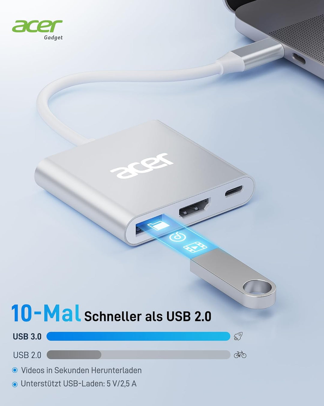 Acer USB-C HDMI Multiport Adapter - 4K, 100W PD, USB 3.0 5Gbps Datenport - Kompatibel Mit MacBook Pr