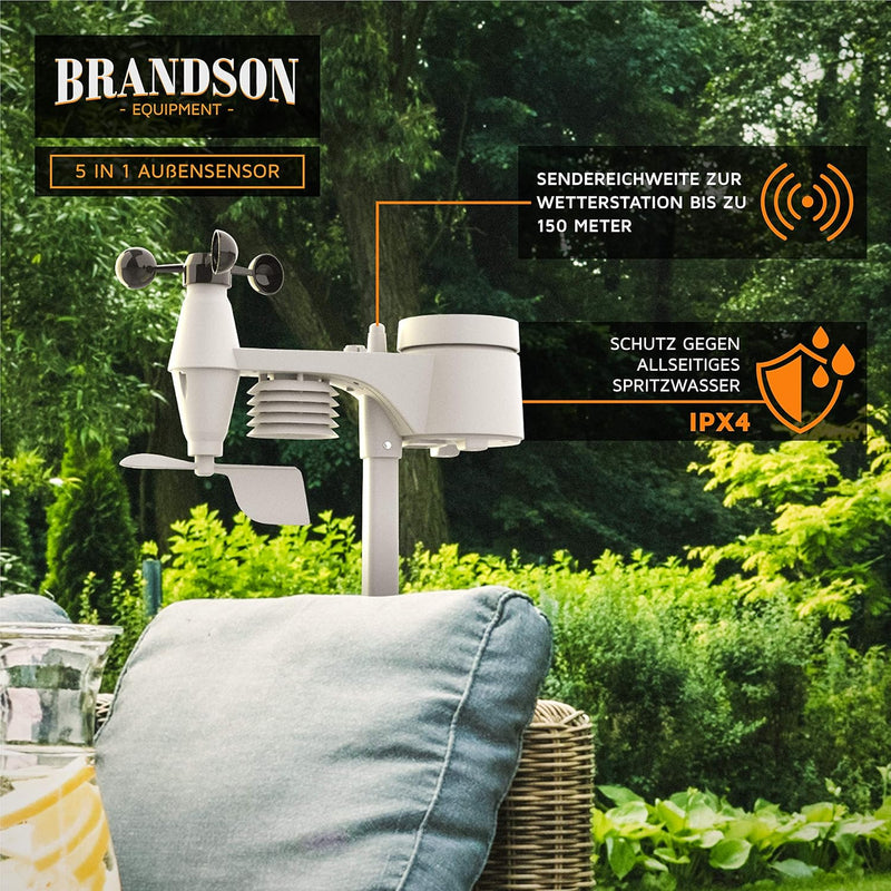 Brandson - Wlan Wetterstation mit 5 in 1 Aussensensor – LCD Farbdispay - Wetterdaten per App WiFi Sm