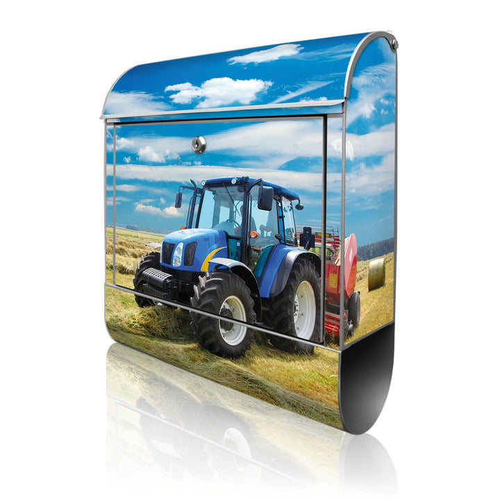 banjado® Design Briefkasten mit Motiv Traktor 39x47x14cm &amp; 2 Schlüssel - Briefkasten Stahl Silber mi