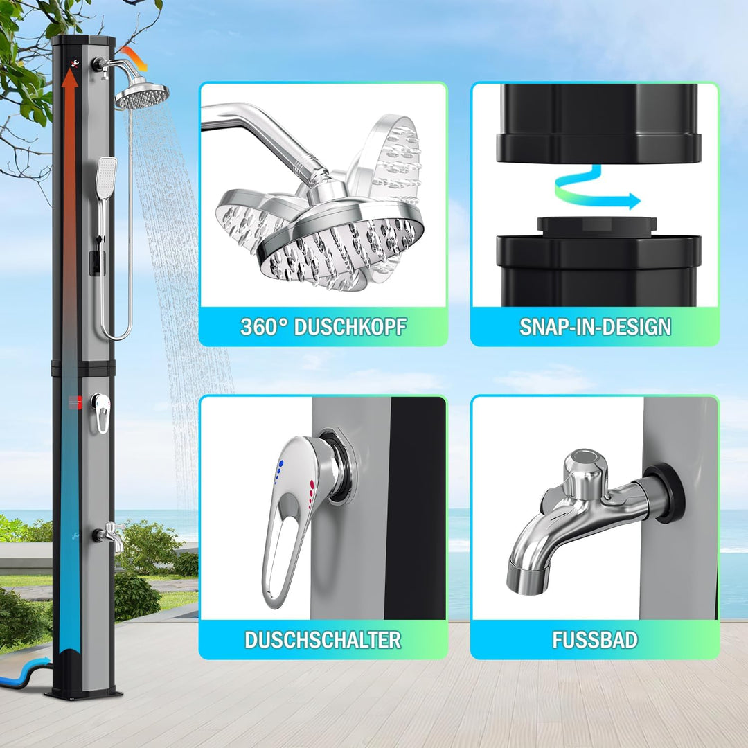 Solardusche 60L Solar Gartendusche warmes Wasser Bis Zu 60°C ohne Stromanschluss Pooldusche Camping