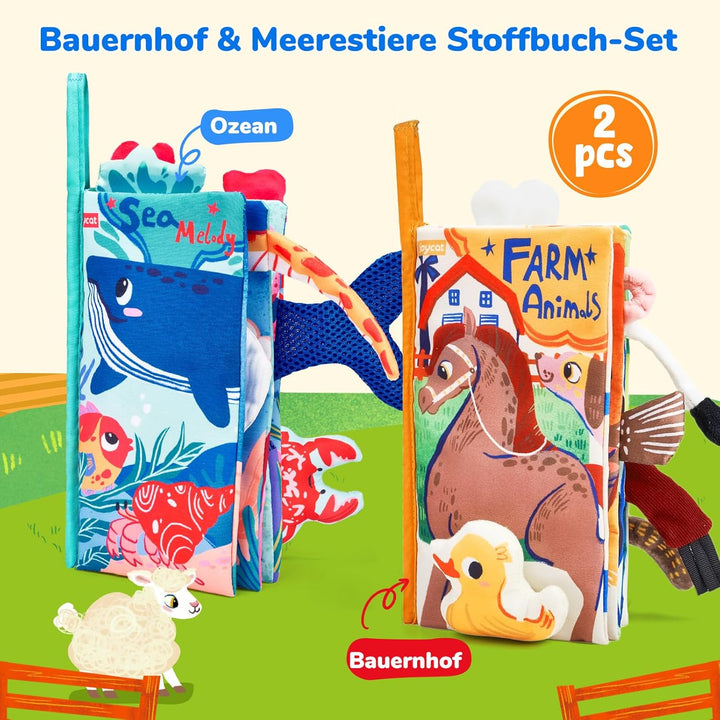 JoyCat Baby Spielzeug ab 0 3 6 Monate, 2 Stück Babybuch Stoffbuch, Bauernhof &amp; Ozean Fühlbuch Kniste