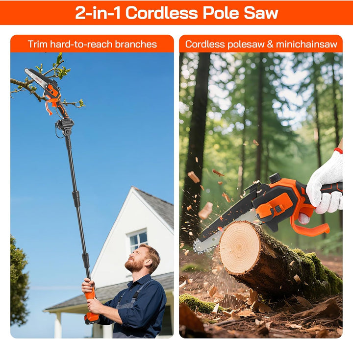 2-in-1 Mini Kettensäge 6 Zoll, 21V Akku-Hochentaster mit Verlängerungsstange 1,32–2,3 m, Elektro Hoc