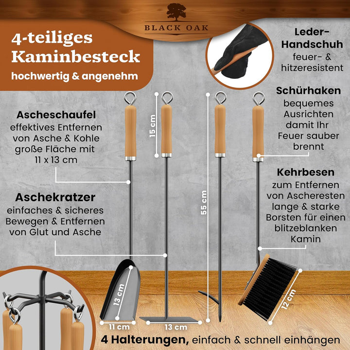 BLACK OAK Kaminbesteck ST. MORITZ 6-teilig mit Lederhandschuh - wohnliches & dekoratives Ofenbesteck