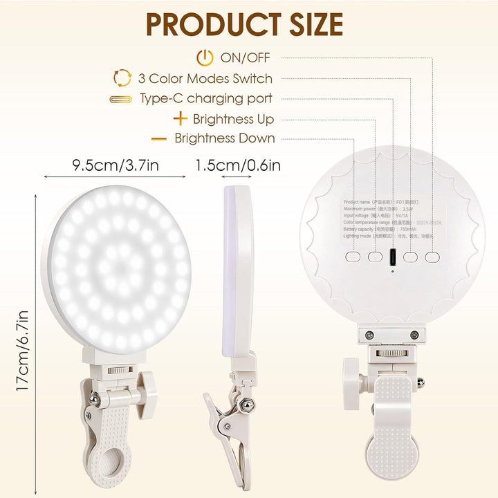GlobalCrown Selfie Licht Handy,handylicht mit 100 LED,wiederaufladbare Beleuchtung zum Aufstecken,3