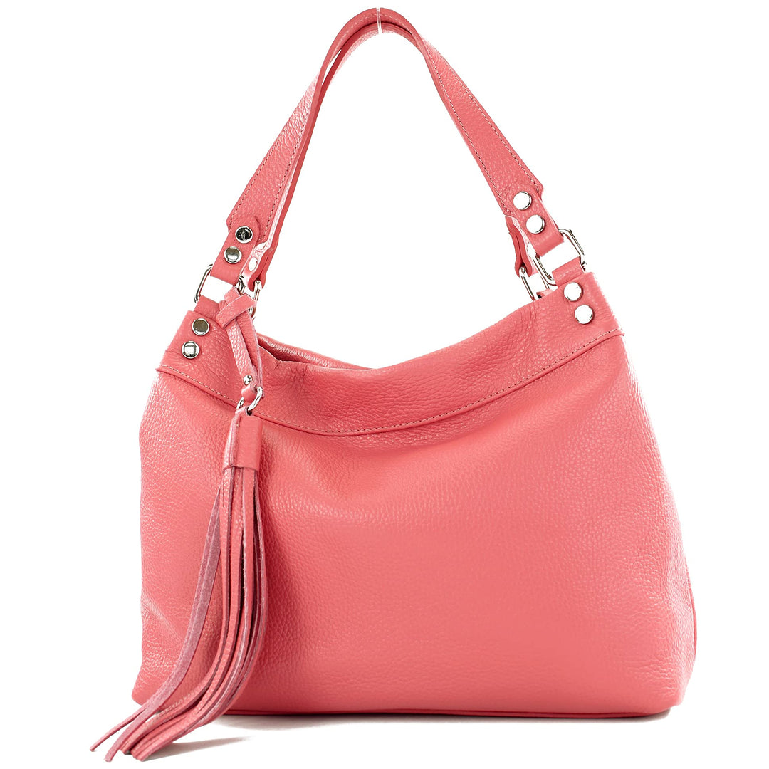modamoda de - T201 - ital. Damen Schultertasche aus Echtleder Bubble Gum, Bubble Gum