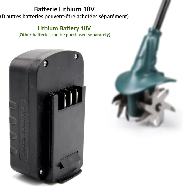 FISHTEC Kabellose Motorhacke mit Lithium Batterie 18V - Arbeitsbreite: 20 cm - Arbeitstiefe: 8 cm -