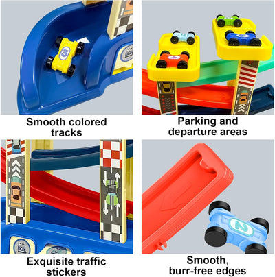 YATOSEEN Kugelbahn Autorennbahn Spielzeug, Montessori-Spielzeug mit 6 Miniautos und 4 Farbenfrohen R