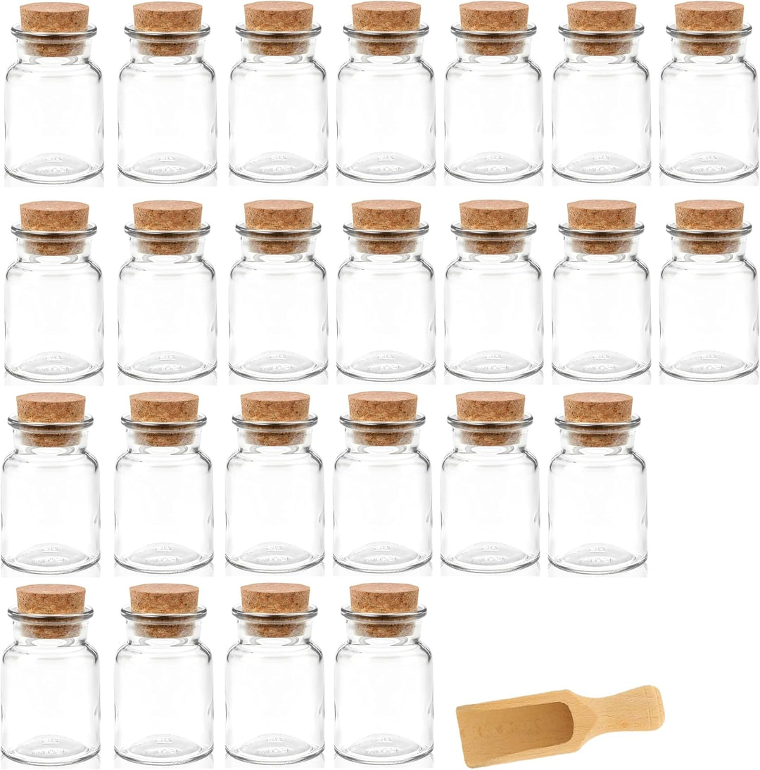 mikken 24 Gewürzgläser 150ml mit Korken – runde Glasbehälter mit Kork-Verschluss inkl. Holzschaufel