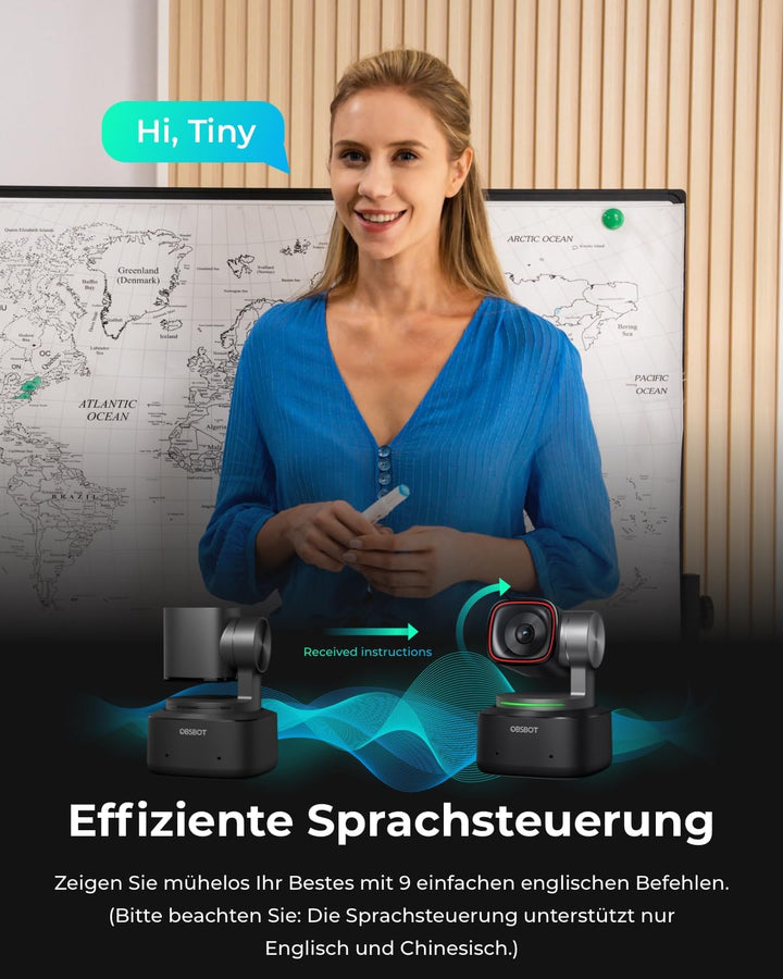 OBSBOT Tiny 2 - PTZ 4K Webcam & Fernbedienung,KI-Tracking, Sprachsteuerung, Gestensteuerung, Autofok
