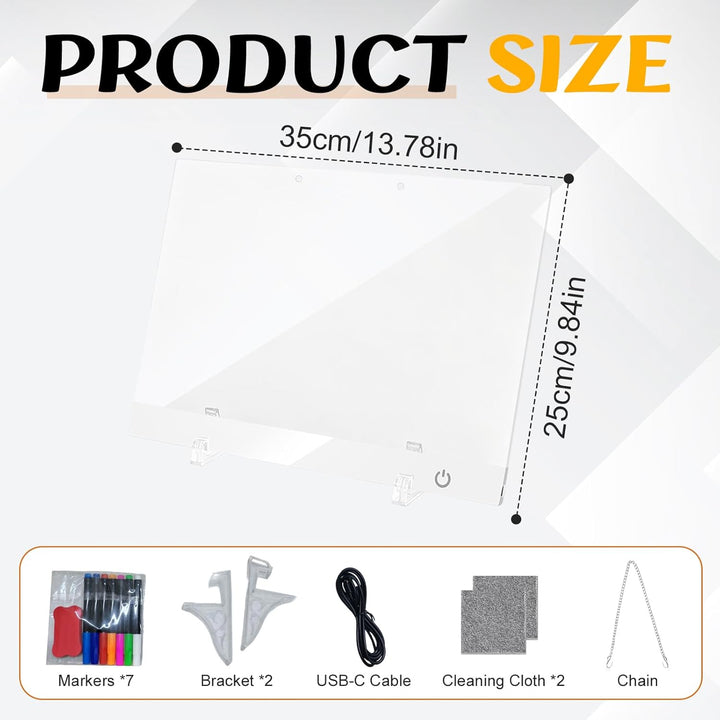 LED Notiztafel mit Farben,Wiederaufladbares Zeichenbrett 35x25cm mit 10 Lichtmoden,Aufhängbar Leucht