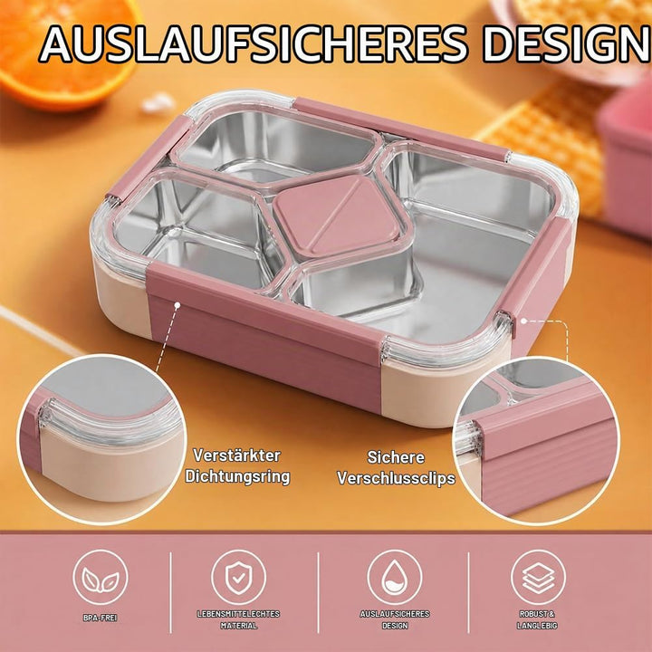 Edelstahl Brotdose 1020ml, Bento Lunchbox mit 4 Fächern