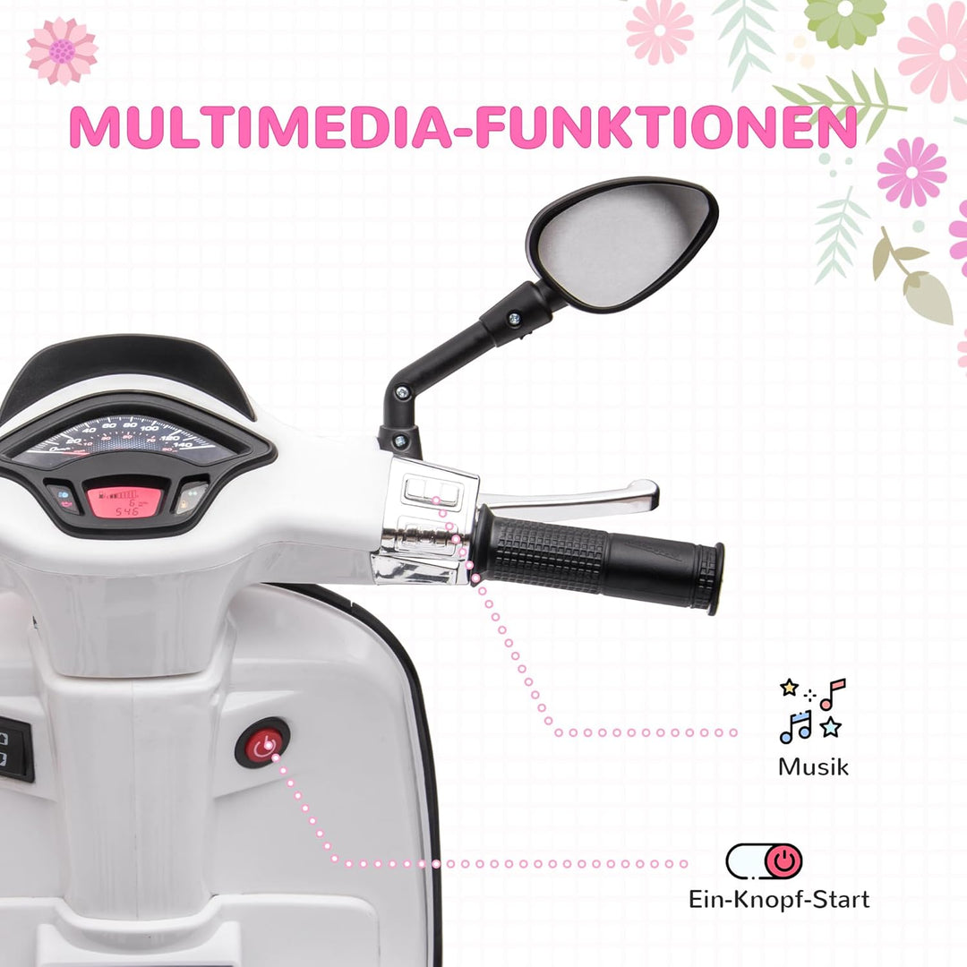 AIYAPLAY Elektro Kindermotorrad, Vespa 6V Elektromotorrad mit MP3, USB, FM-Radio, LED-Scheinwerfer,