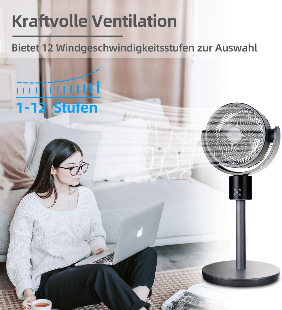 Be Cool Digitaler Stand- und Tischventilator 26cm – DC Inverter Motor, 50 Watt, 12 Stufen, 3 Windmod