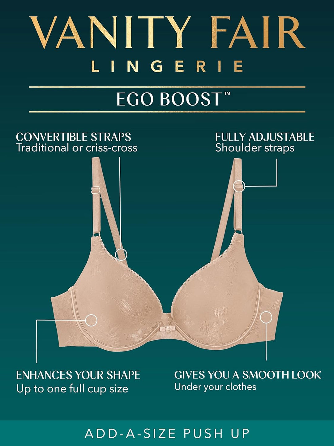 Vanity Fair Damen Ego Boost Push Up Bra, Adds Up to One Full Cup Size, Underwire Push Up Bras for Wo
