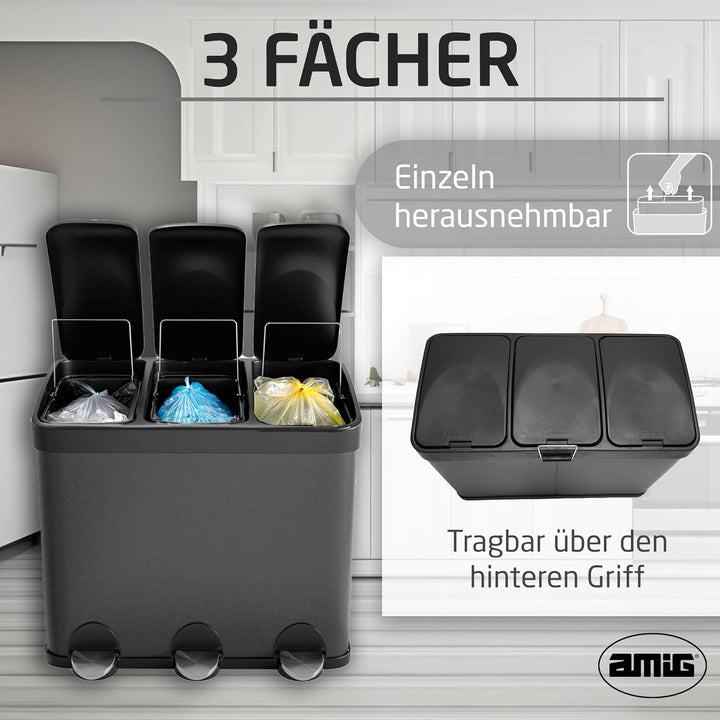 Amig - Dreifacher Mülleimer mit Pedalen 45 Liter | 3 herausnehmbare 15-Liter-Fächer | Recyclingbehäl