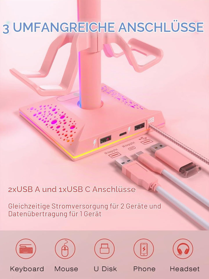 VCOM RGB Headset Halterung mit 2 USB- und 1 Typ-C-Anschluss, Gaming Zubehör Kopfhörer Ständer mit 10