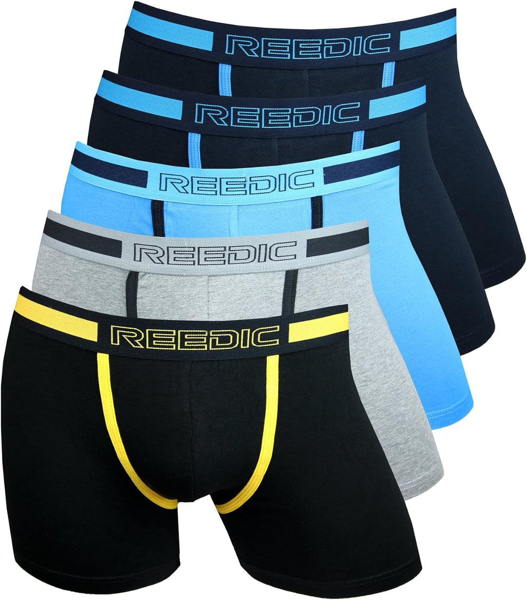 Reedic Herren Boxershorts Baumwolle 5er Pack, Je 2x Dunkelblau, Je 1x Blau, Schwarz-gelb, Grau