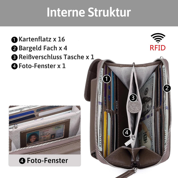 Pearl Angeli Weiches Echtes Leder Handy Umhängetasche - Handytasche Geldbörse Damen RFID Schutz klei