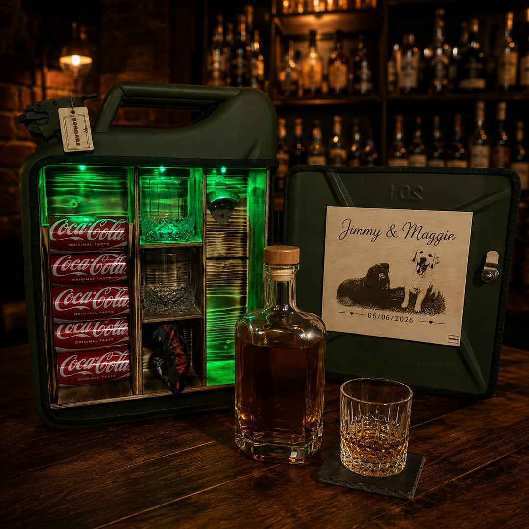 20L Kanister Mini Bar Premium I Maximal personalisierbar mit Gravur & LED Beleuchtung I 2 Whiskygläs