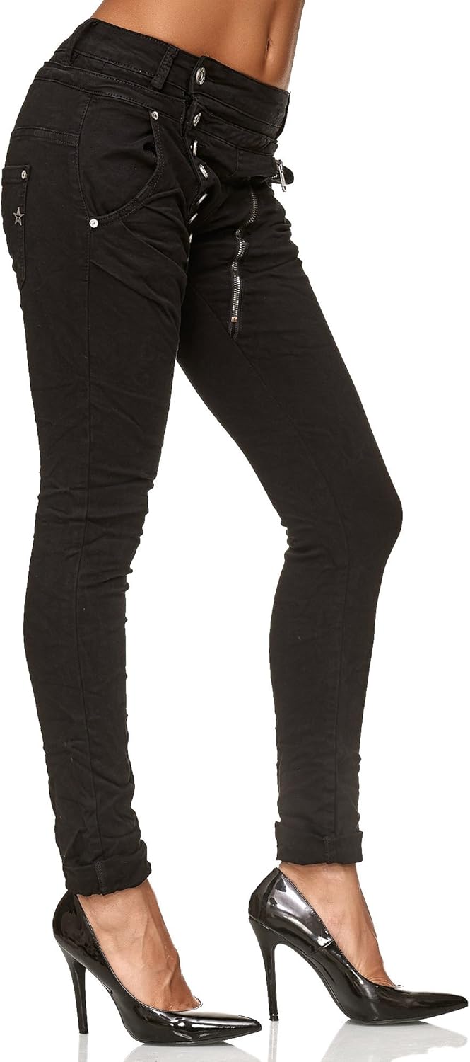 Elara Damen Jeans Boyfriend Knopfleiste Chunkyrayan 34 Slim Schwarz, 34 Slim Schwarz
