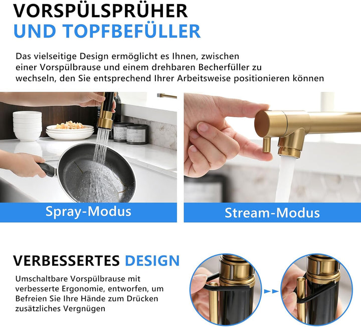 TIMACO Wasserhahn Küche Gebürstetes Gold mit Schloss Brause Ausziehbar - 360° Schwenkbare- Pull-Down