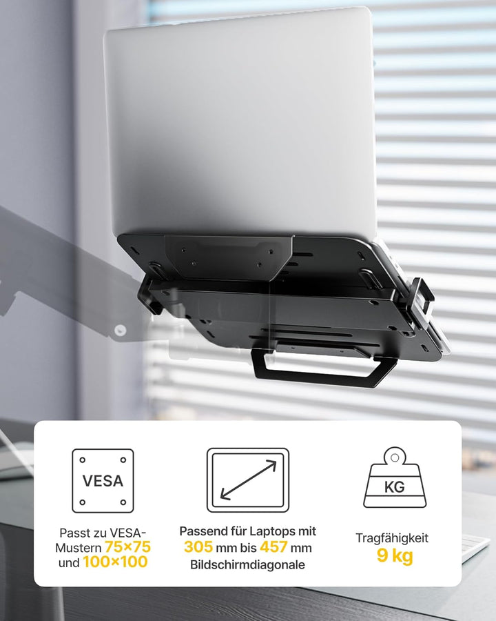 monTEK Verstellbare Laptop Ablage für Monitorarm, universeller 75x75/100x100 VESA Laptop Halterung v