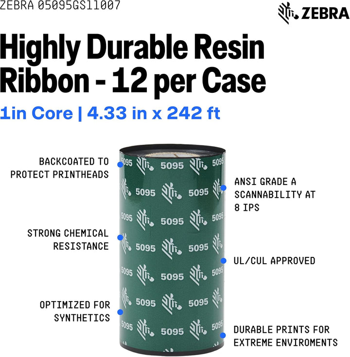 Zebra 05095GS11007 Ribbon 5095 Resin, 110 mm, 74 m, C-12.7 mm, Box of 12