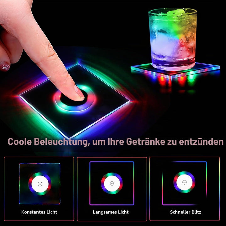 8er Quadratisch Bunt LED Untersetzer für Getränke, 10cm 3 Beleuchtungsmodi Leuchtende Untersetzer, A