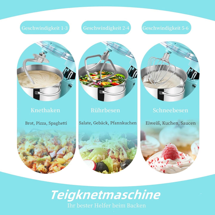 Kitchen in the box Küchenmaschine, 6,2 L Knetmaschine 1400 W, 6 Geschwindigkeits Teigmaschine mit Rü