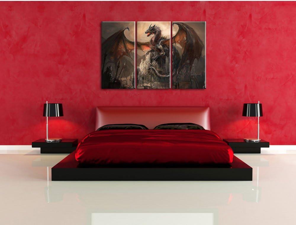 Pixxprint Drache schützend über Burg als Leinwandbild - Grösse: 3-Teilig (120x80cm) - Wandbild - Kun