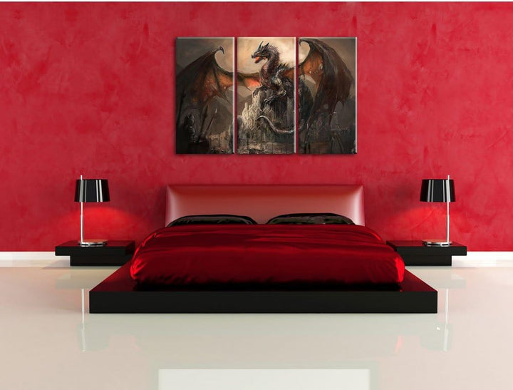 Pixxprint Drache schützend über Burg als Leinwandbild - Grösse: 3-Teilig (120x80cm) - Wandbild - Kun
