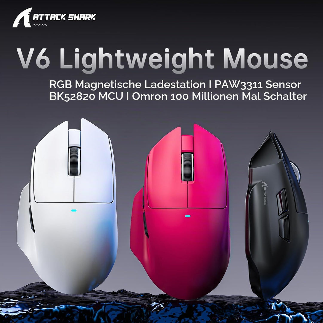 ATTACK SHARK V6 65g Superlight Mouse with Magnetic Charging Dock, PixArt PAW3311 Gaming Sensor, 2500